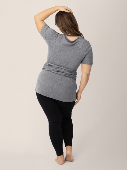 Organic cotton skin-to-skin short sleeve wrap top in charcoal grey heather by Kindred Bravely, featuring a comfortable, relaxed fit.
