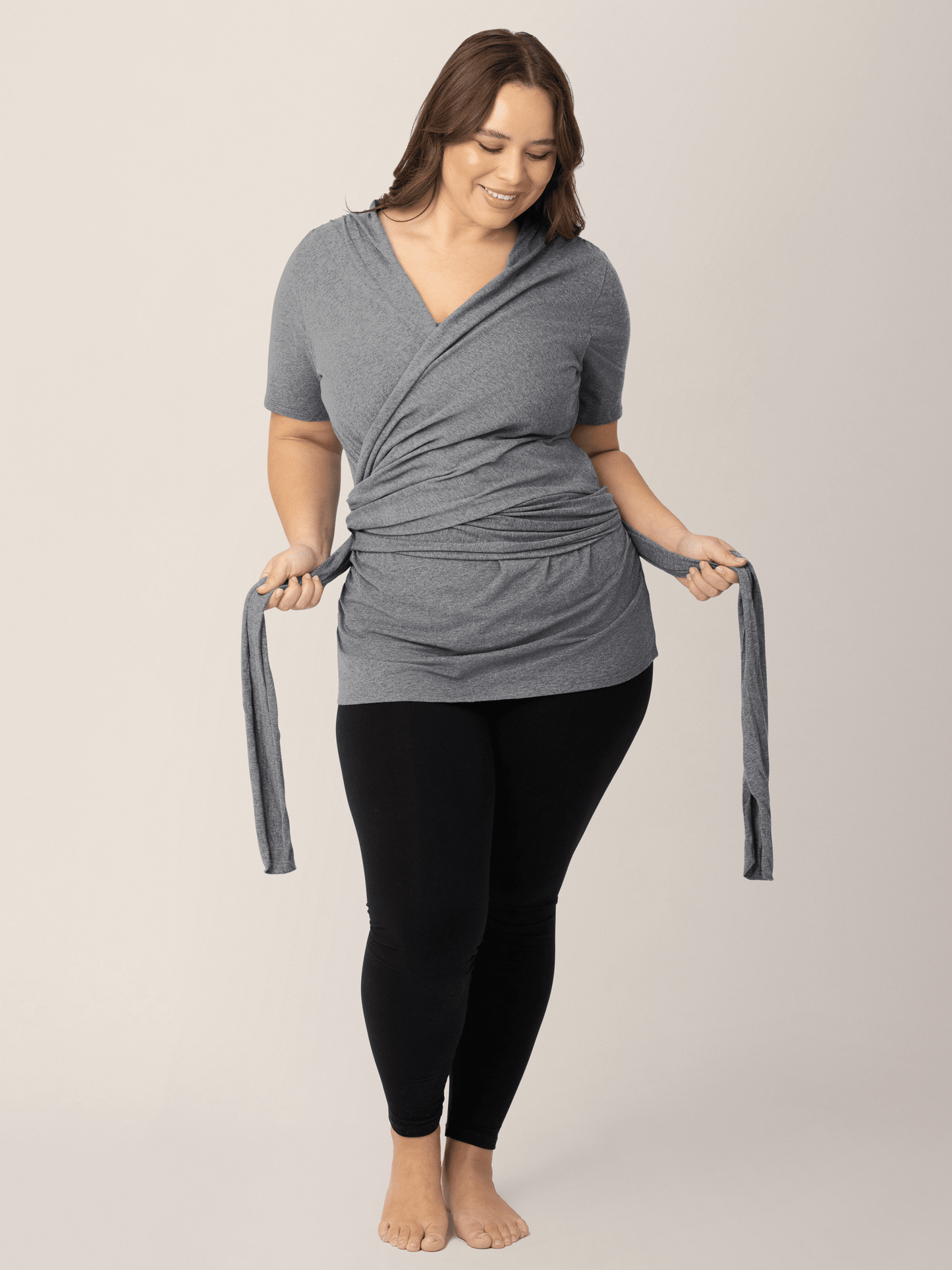 Organic cotton skin-to-skin short sleeve wrap top in charcoal grey Heather by Kindred Bravely, featuring a comfortable, fitted design.