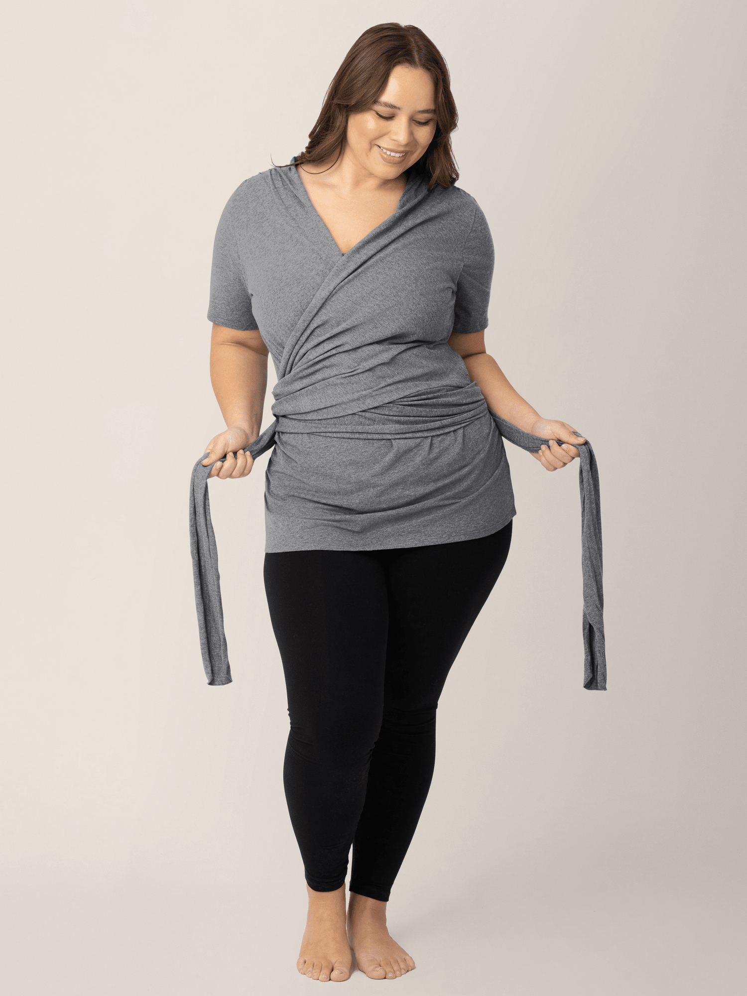 Organic cotton skin-to-skin short sleeve wrap top in charcoal grey Heather by Kindred Bravely, featuring a comfortable, fitted design.