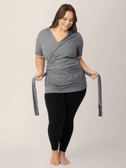 Organic cotton skin-to-skin short sleeve wrap top in charcoal grey Heather by Kindred Bravely, featuring a comfortable, fitted design.