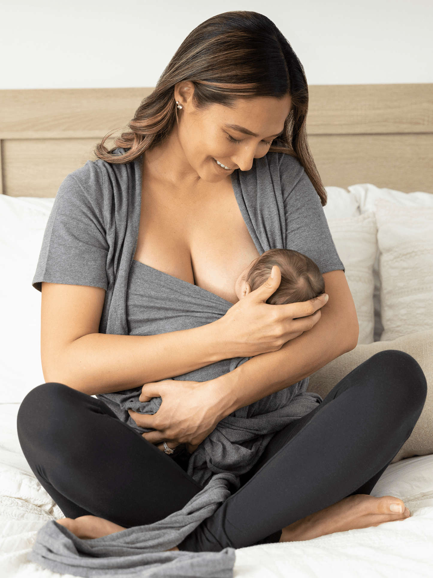 Kindred Bravely organic cotton short sleeve wrap top in charcoal grey heather, soft and comfortable for skin-to-skin wear.