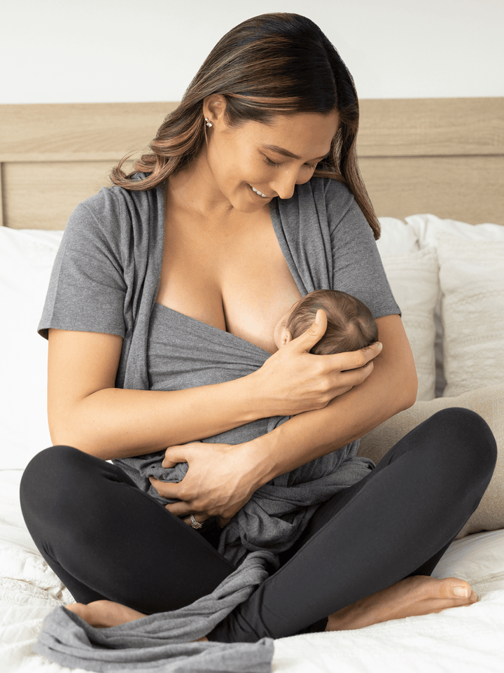 Kindred Bravely organic cotton short sleeve wrap top in charcoal grey heather, soft and comfortable for skin-to-skin wear.