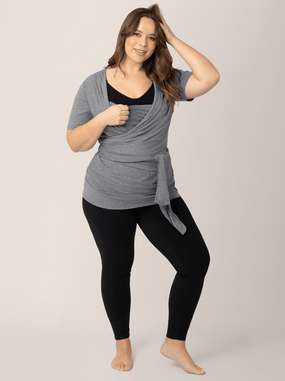 Charcoal grey Heather organic cotton skin-to-skin short sleeve wrap top by Kindred Bravely, casual and comfortable women's apparel