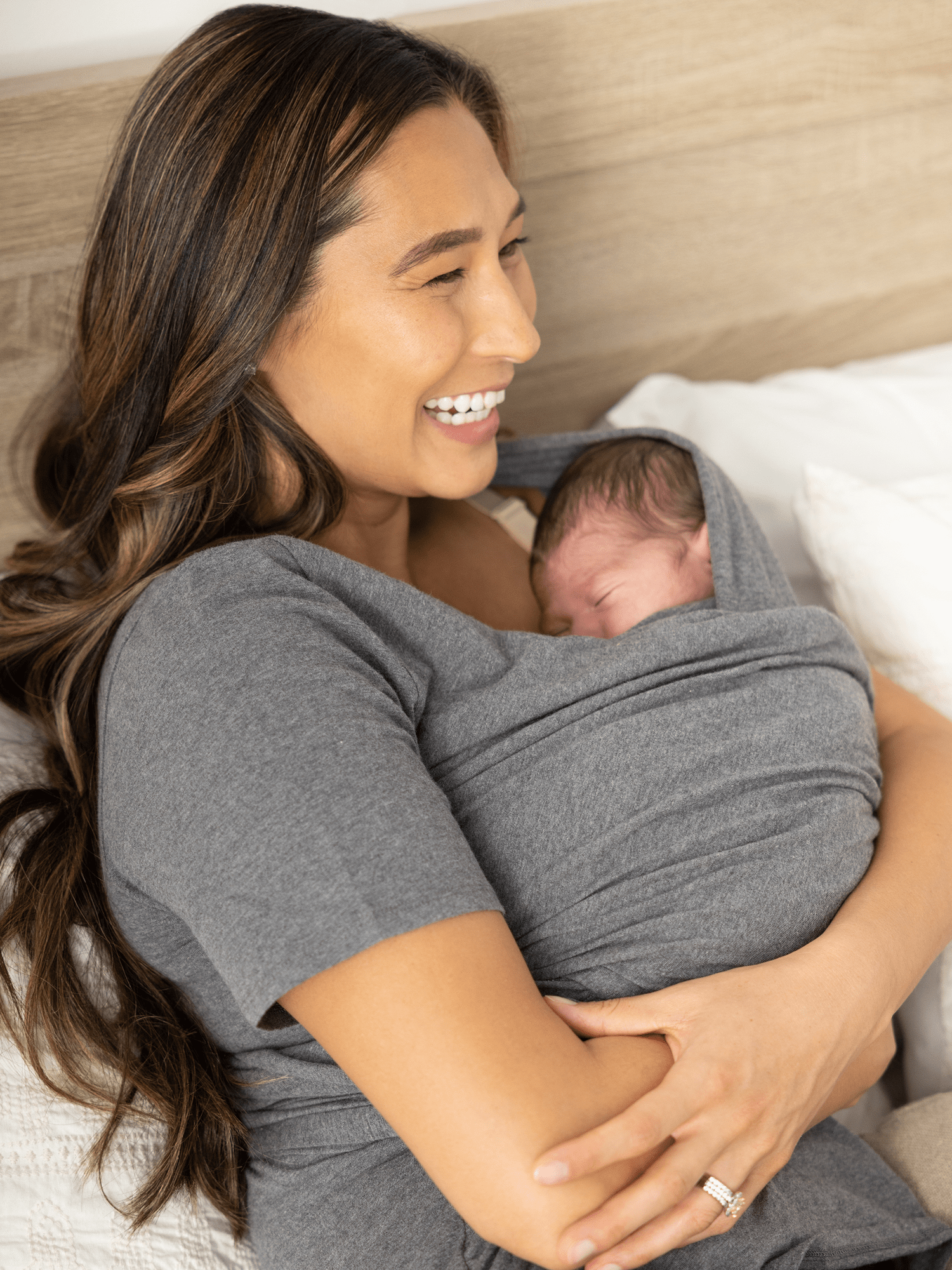 Organic cotton skin-to-skin short sleeve wrap top by Kindred Bravely in charcoal grey heather fabric, casual and comfortable for everyday wear.