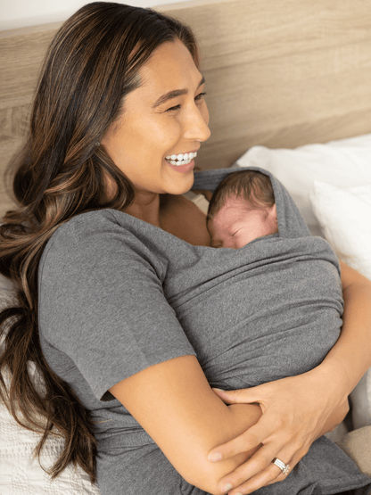 Organic cotton skin-to-skin short sleeve wrap top by Kindred Bravely in charcoal grey heather fabric, casual and comfortable for everyday wear.