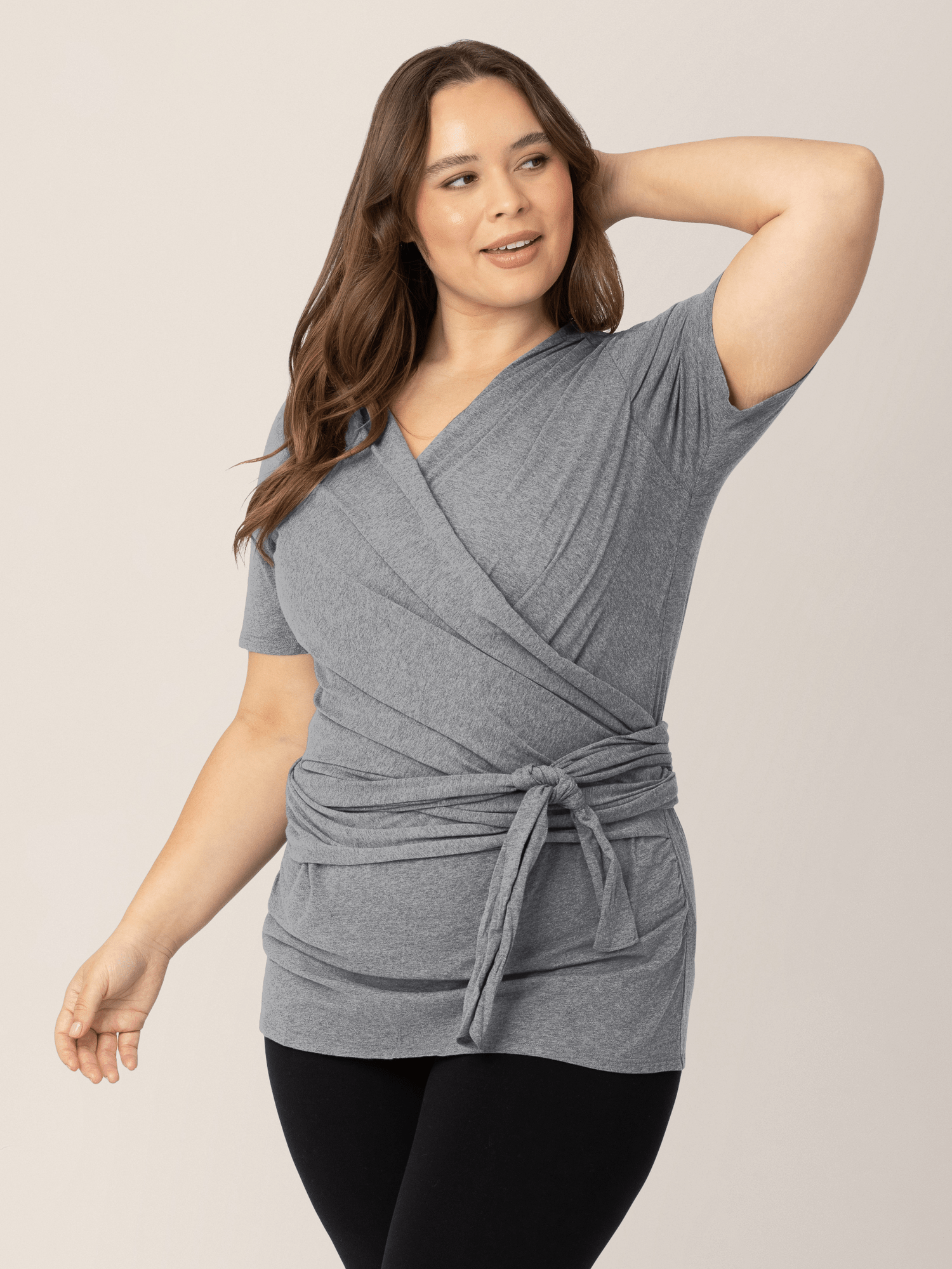 Kindred Bravely organic cotton short sleeve wrap top in charcoal grey heather, comfortable and stylish for everyday wear