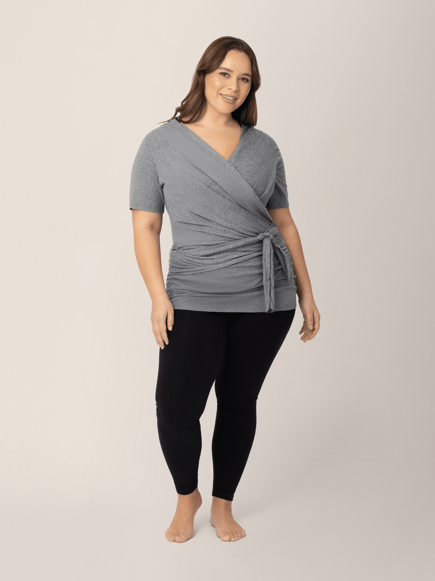 Kindred Bravely organic cotton short sleeve wrap top in charcoal grey heather, soft and breathable for comfortable wear.