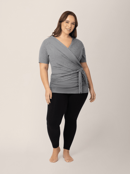 Kindred Bravely organic cotton short sleeve wrap top in charcoal grey heather, soft and breathable for comfortable wear.