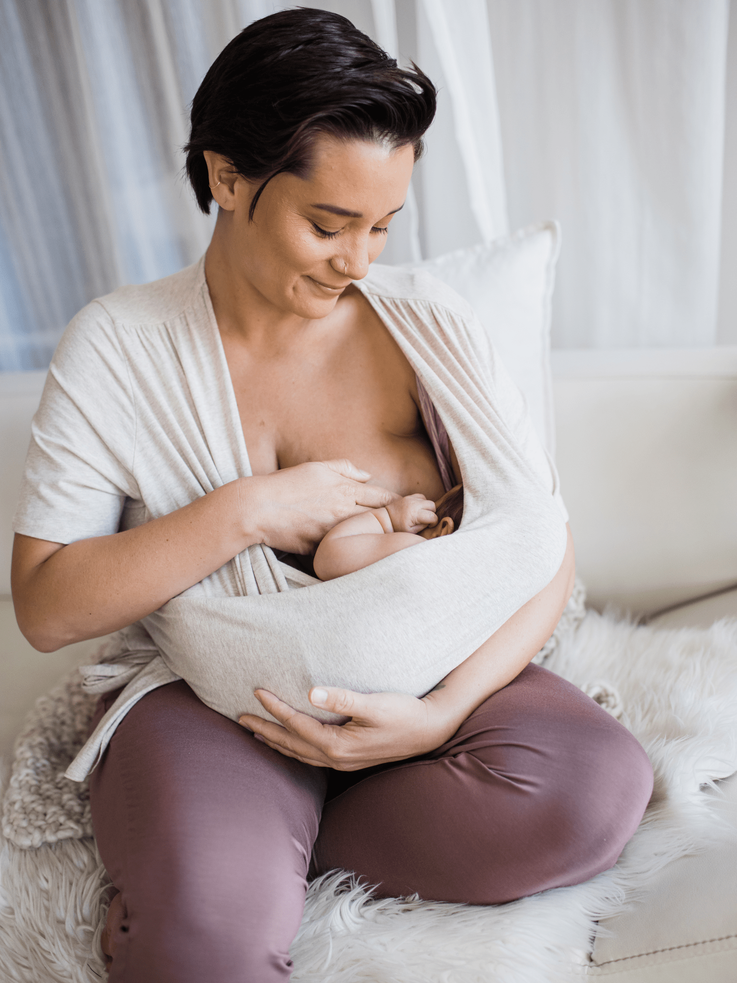 Organic cotton skin-to-skin short sleeve wrap top in oatmeal heather by Kindred Bravely, featuring a soft, comfortable fit.
