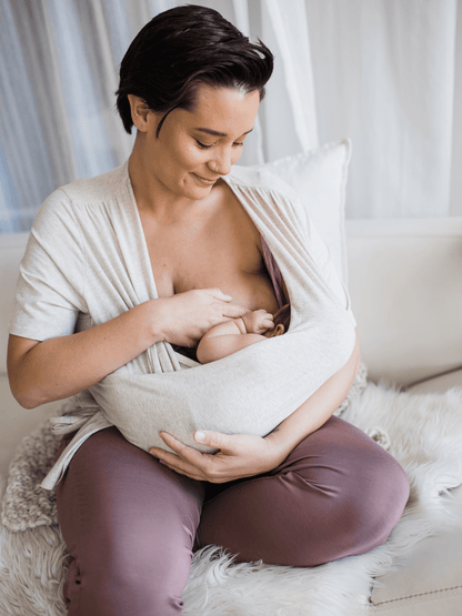 Organic cotton skin-to-skin short sleeve wrap top in oatmeal heather by Kindred Bravely, featuring a soft, comfortable fit.
