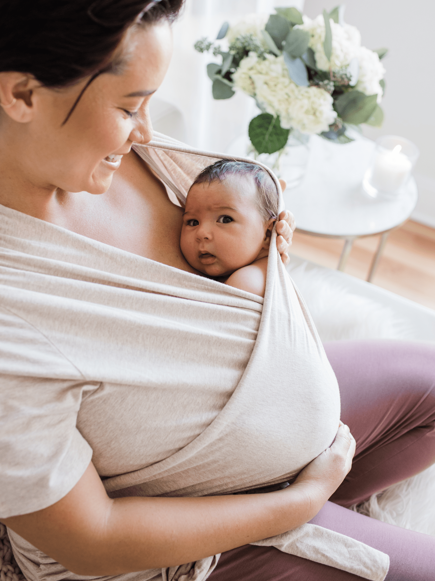 Kindred Bravely organic cotton short sleeve wrap top in oatmeal heather, comfortable skin-to-skin maternity or nursing blouse