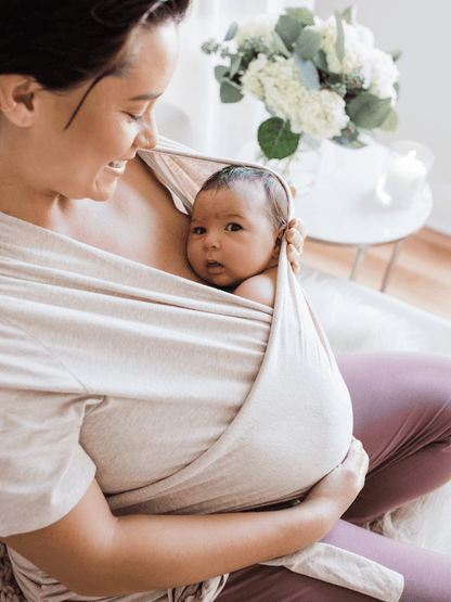 Kindred Bravely organic cotton short sleeve wrap top in oatmeal heather, comfortable skin-to-skin maternity or nursing blouse