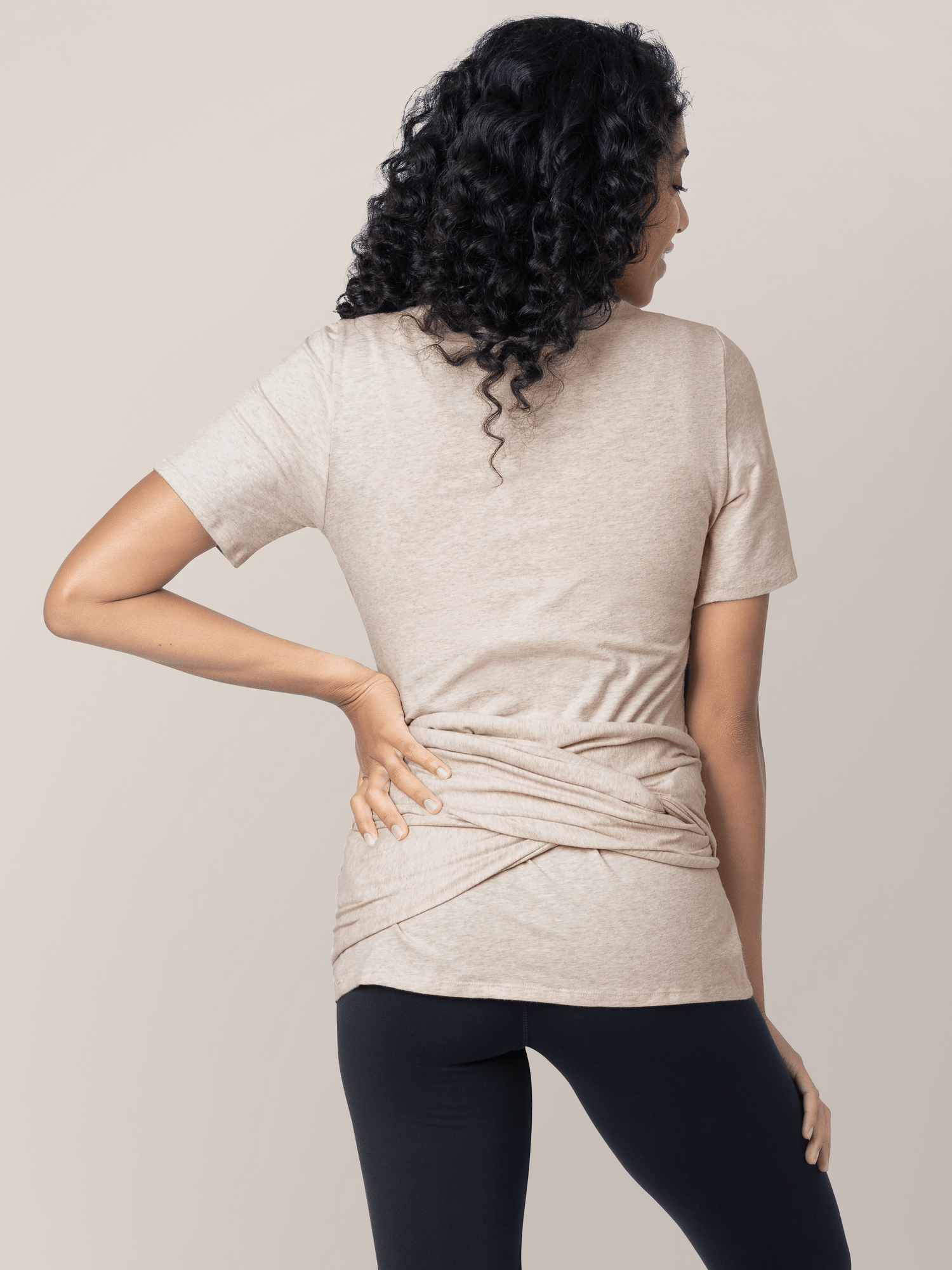 Organic cotton skin-to-skin short sleeve wrap top in oatmeal heather from Kindred Bravely, showcasing a comfortable, stylish women’s top.