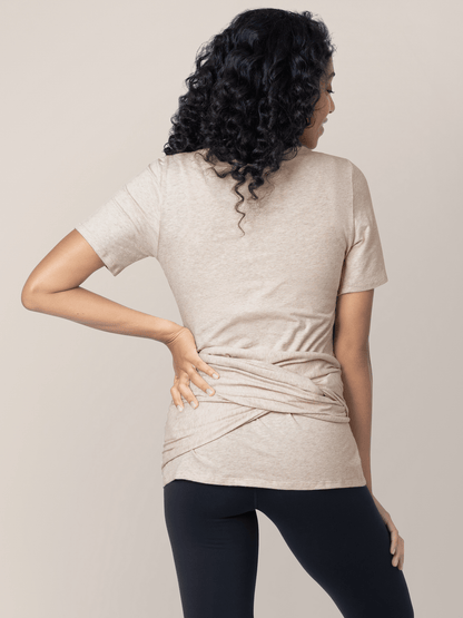 Organic cotton skin-to-skin short sleeve wrap top in oatmeal heather from Kindred Bravely, showcasing a comfortable, stylish women’s top.