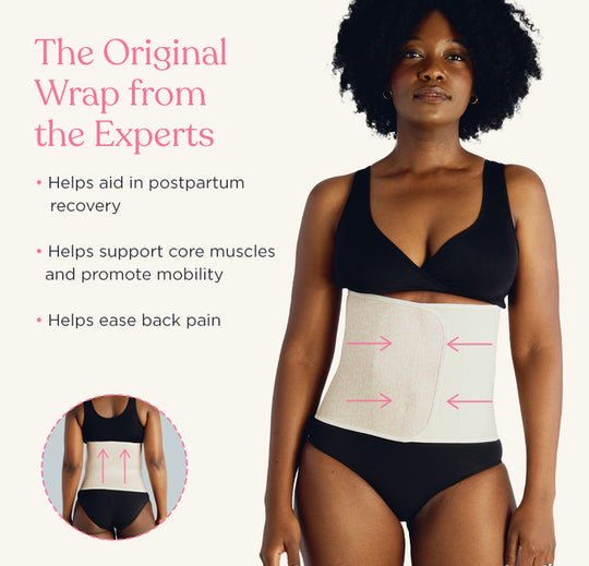 A pregnant woman wearing the Original Belly Bandit postpartum belly support from Aimee Nursing Gowns.