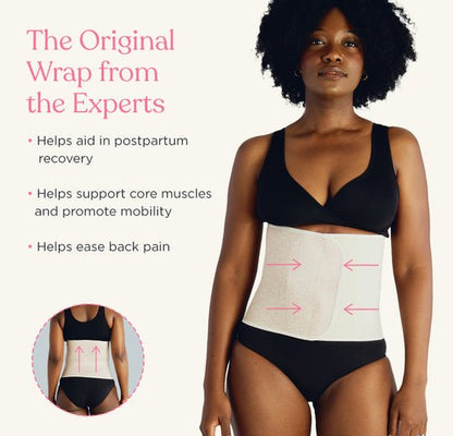 A pregnant woman wearing the Original Belly Bandit postpartum belly support from Aimee Nursing Gowns.