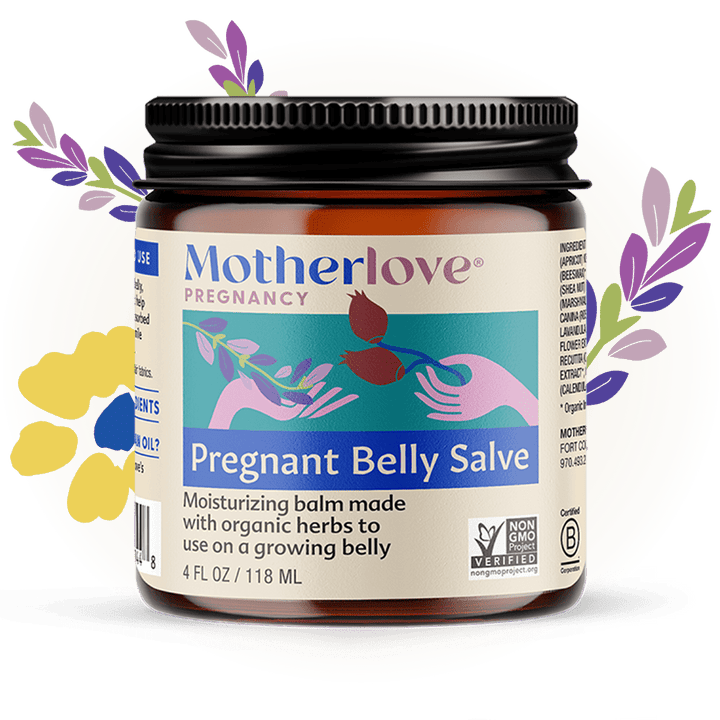 Pregnant belly with Motherlove Herbal Company Pregnancy Belly Salve applied to skin, showcasing natural skincare for expectant mothers.