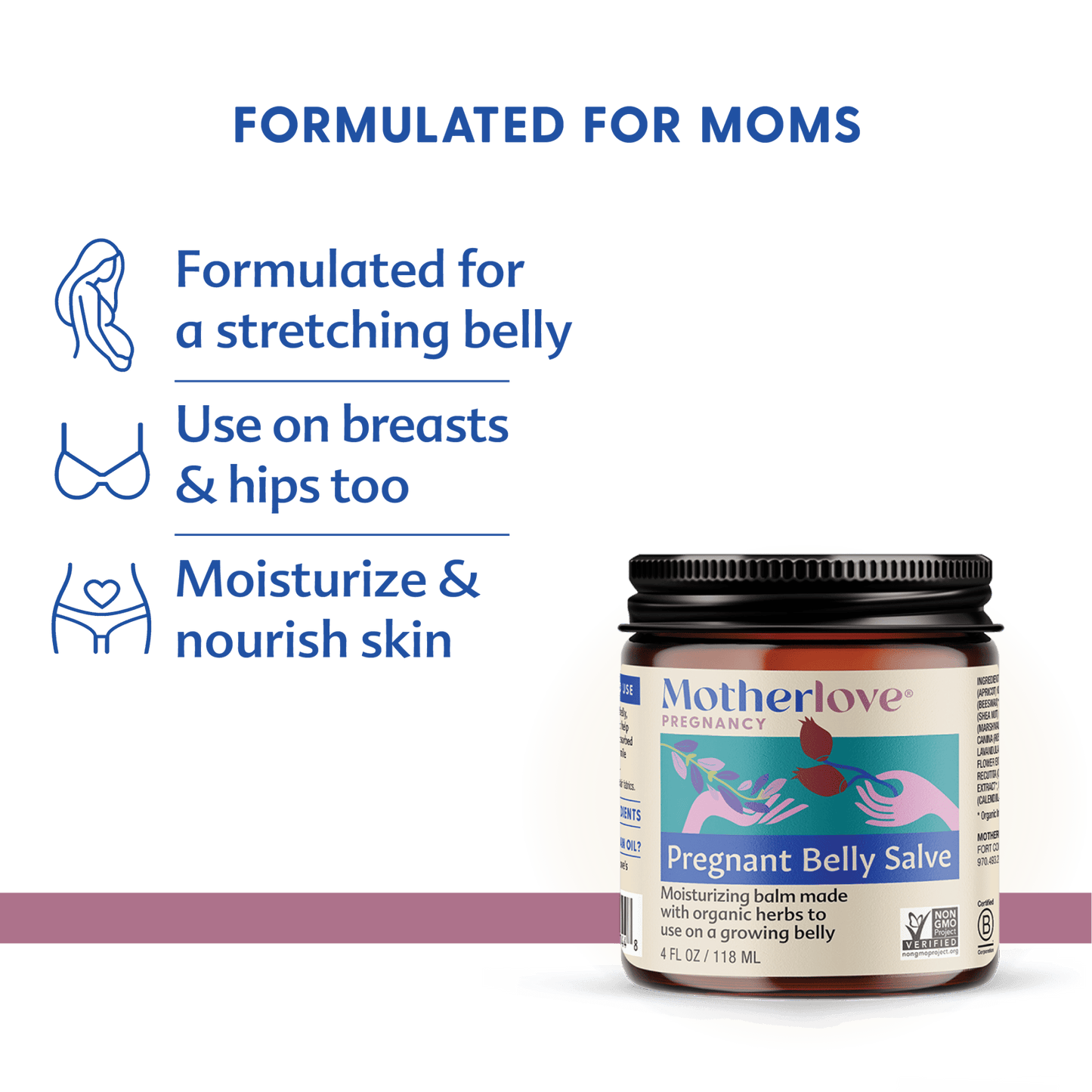 Pregnant belly salve by Motherlove Herbal Company, natural cream for pregnancy skin care, showing a pregnant woman applying the product