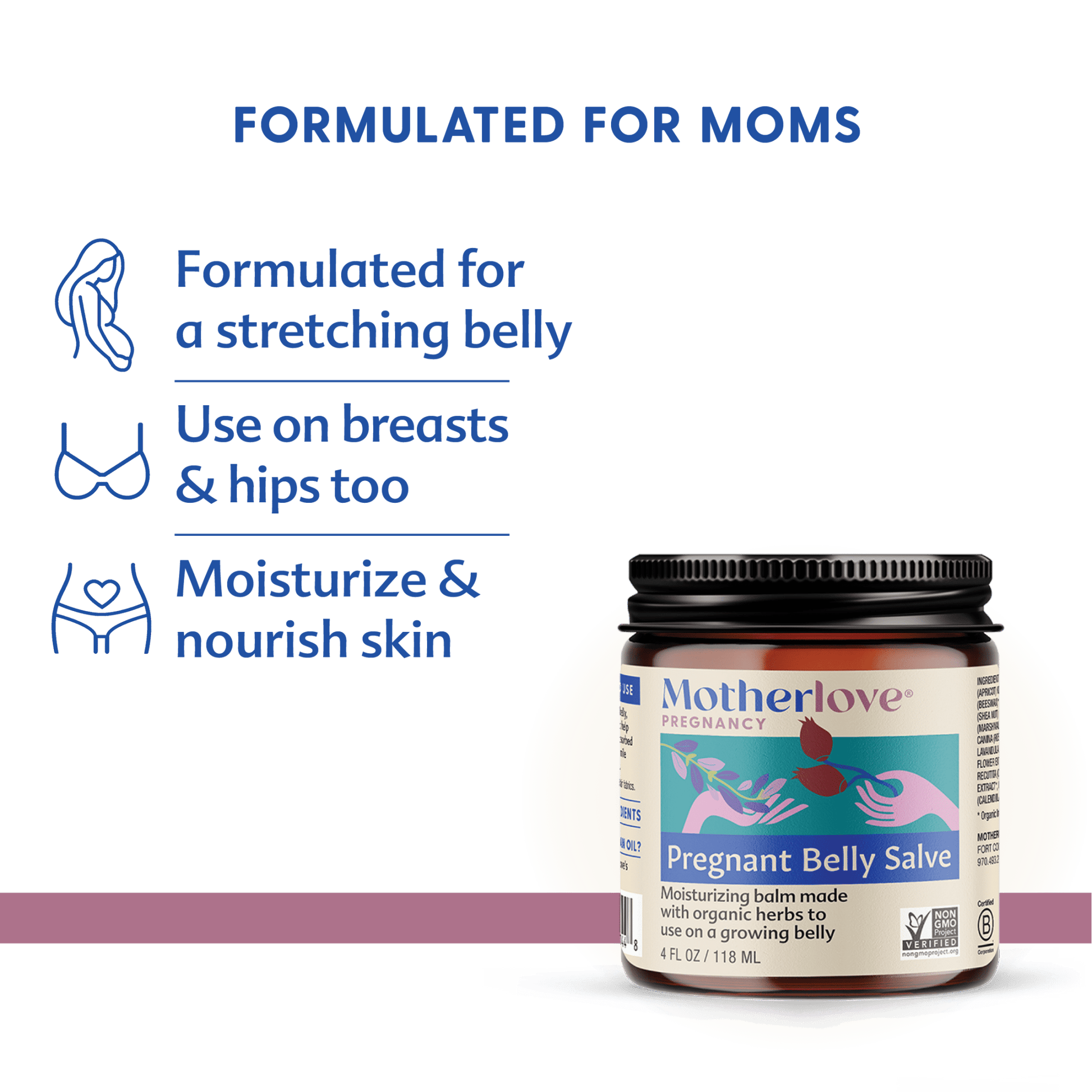 Pregnant belly salve by Motherlove Herbal Company, natural cream for pregnancy skin care, showing a pregnant woman applying the product