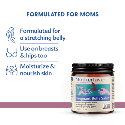 Pregnant belly salve by Motherlove Herbal Company, natural cream for pregnancy skin care, showing a pregnant woman applying the product