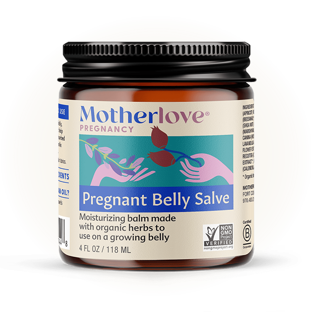 Pregnant belly salve by Motherlove Herbal Company, natural cream for pregnancy skin care, shown in a jar with herbal ingredients.