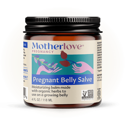 Pregnant belly salve by Motherlove Herbal Company, natural cream for pregnancy skin care, shown in a jar with herbal ingredients.