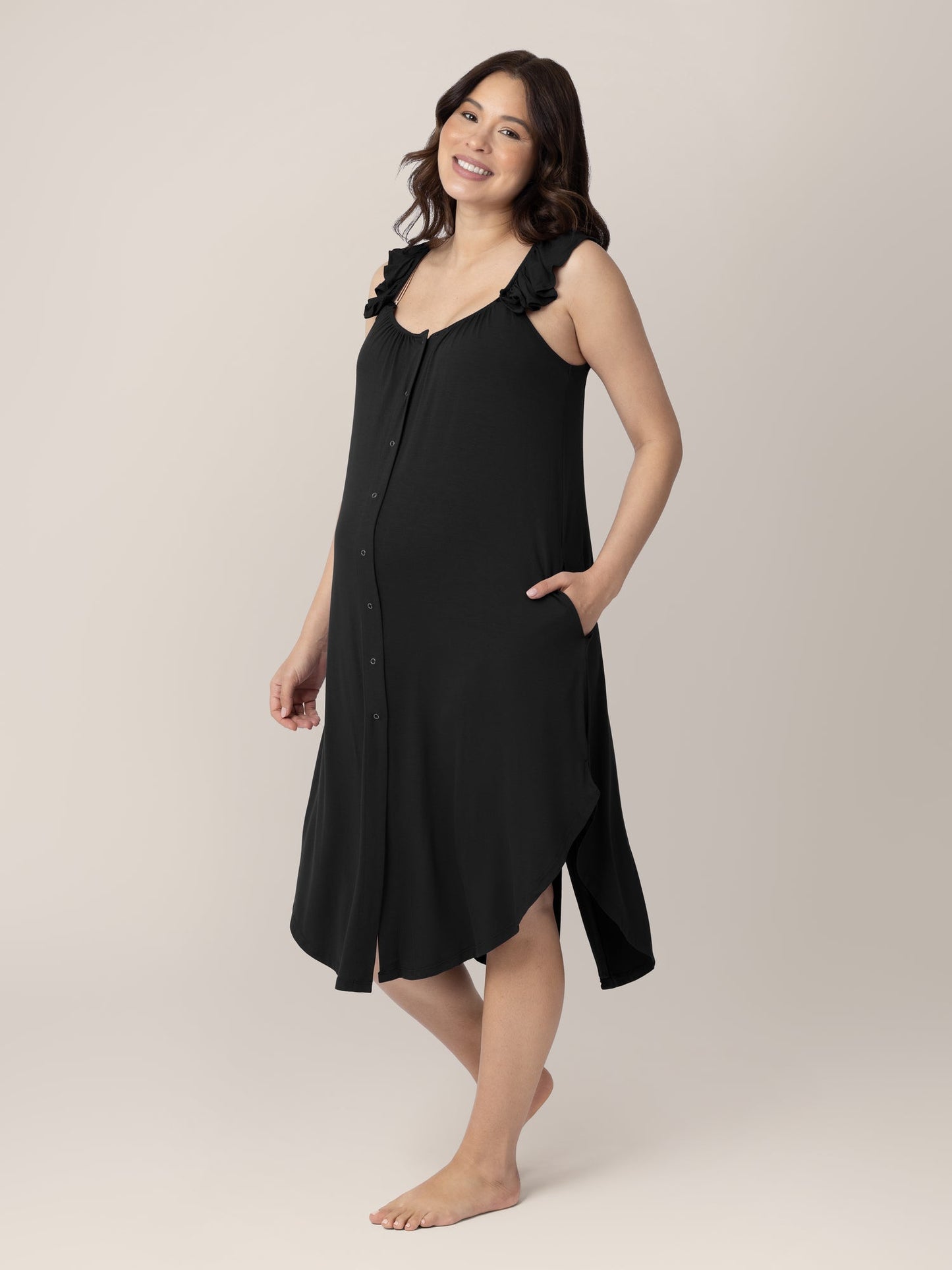 Black labor and delivery gown with ruffle straps from Kindred Bravely, featuring comfortable, breathable fabric and a relaxed fit.