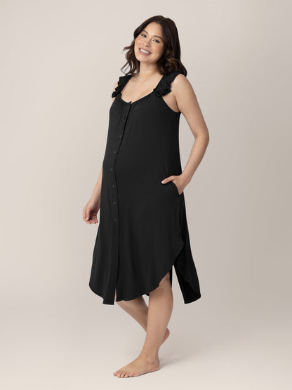 Black labor and delivery gown with ruffle straps from Kindred Bravely, featuring comfortable, breathable fabric and a relaxed fit.