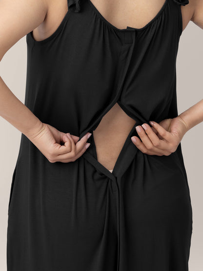 Black labor and delivery gown with ruffle straps by Kindred Bravely, featuring comfortable, adjustable design for moms.