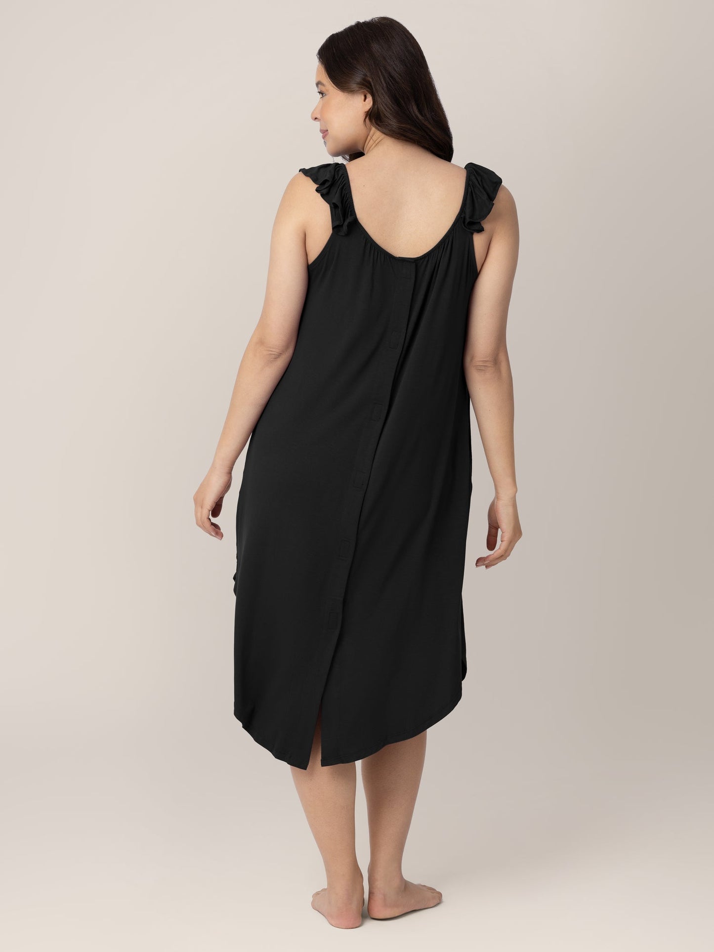 Black labor and delivery gown with ruffle straps by Kindred Bravely, featuring comfortable, stylish design for maternity wear.