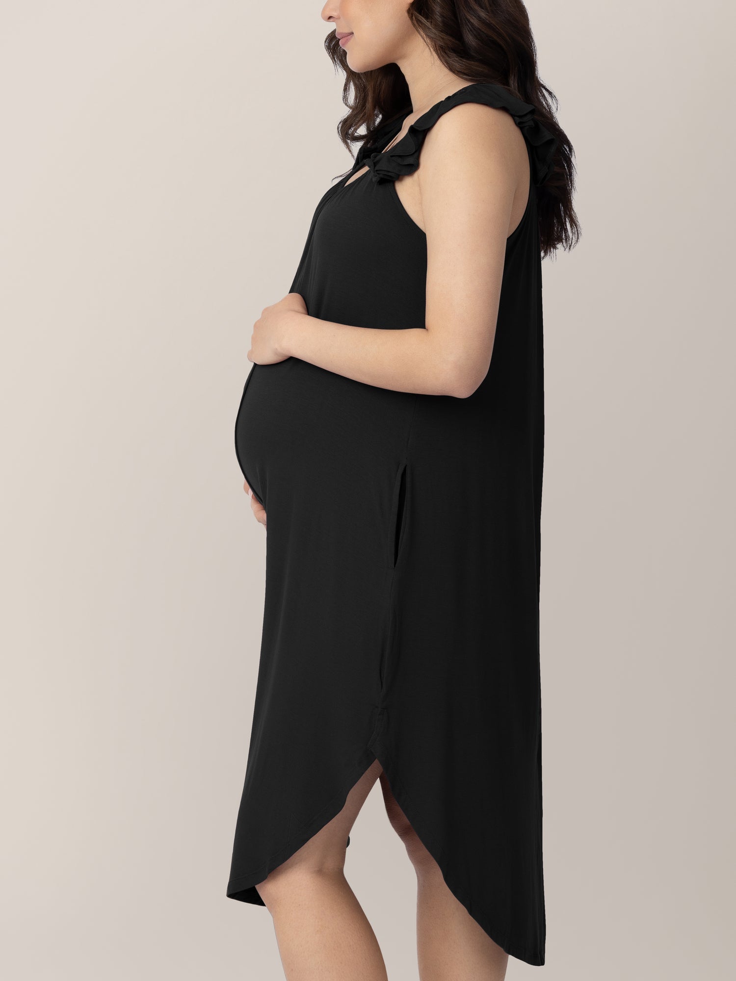 Black labor and delivery gown with ruffle straps from Kindred Bravely, featuring comfortable, adjustable design for maternity wear.