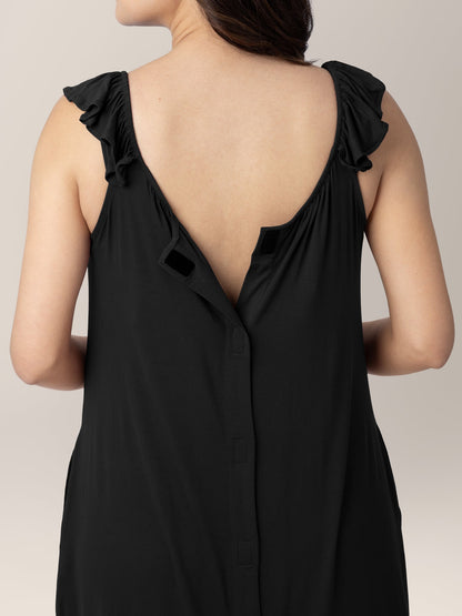 Black labor and delivery gown with ruffle straps by Kindred Bravely, featuring a comfortable and stylish design for maternity wear.
