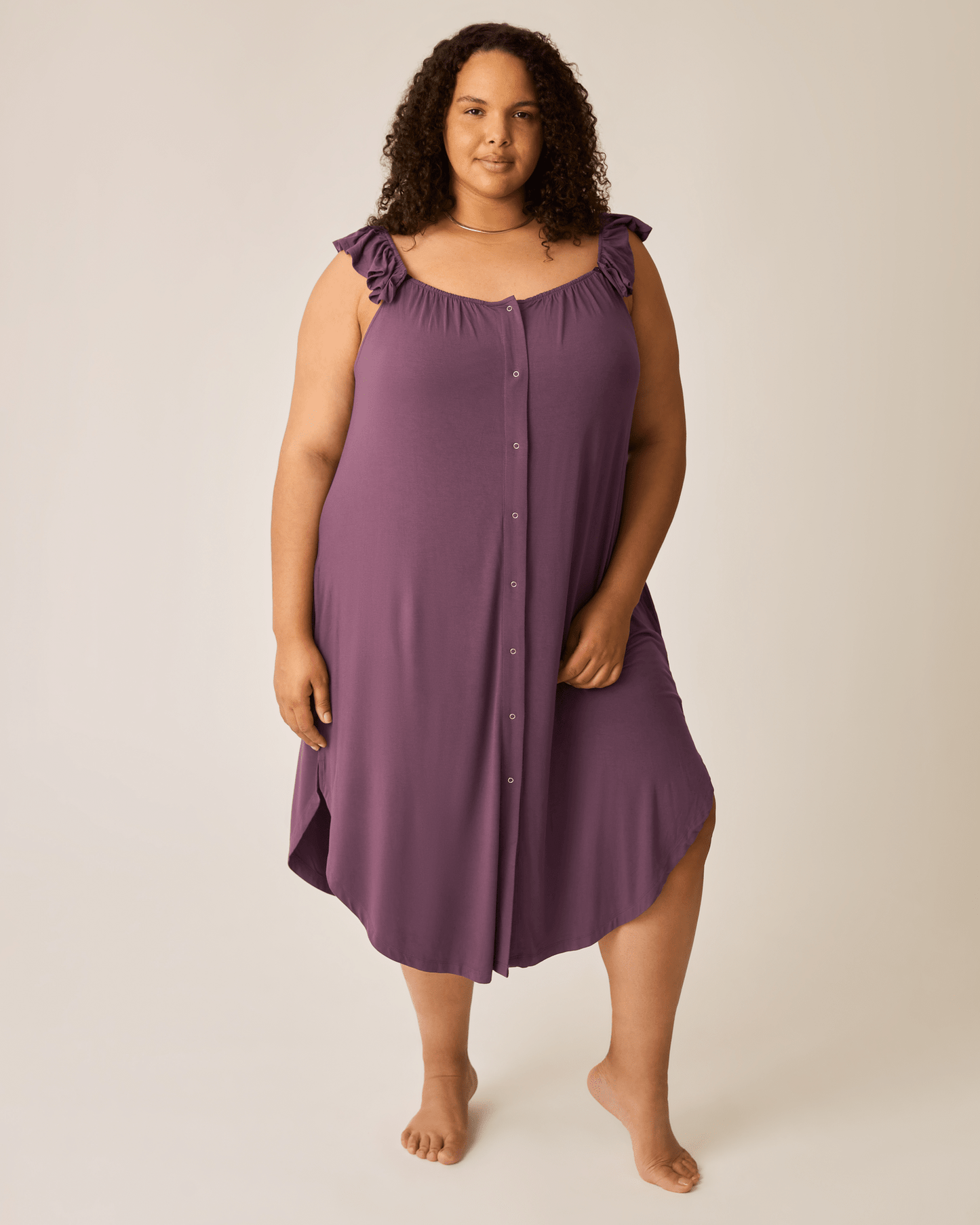 Burgundy plum labor and delivery gown with ruffle straps by Kindred Bravely, featuring comfortable, soft fabric and relaxed fit.