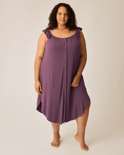 Burgundy plum labor and delivery gown with ruffle straps by Kindred Bravely, featuring comfortable, soft fabric and relaxed fit.