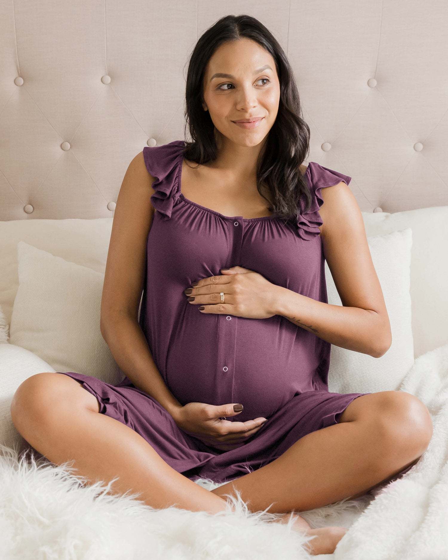 Burgundy plum labor and delivery gown with ruffle straps by Kindred Bravely, featuring soft, comfortable fabric and relaxed fit.