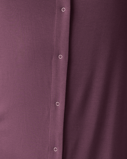Burgundy plum labor and delivery gown with ruffle straps from Kindred Bravely, made of soft, comfortable fabric for maternity use.