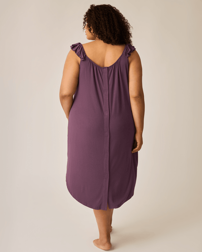 Burgundy plum labor and delivery gown with ruffle straps by Kindred Bravely, featuring a comfortable, loose fit for maternity care.