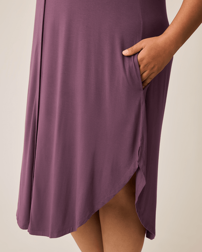 Burgundy plum labor and delivery gown with ruffle straps by Kindred Bravely, soft and comfortable for maternity wear.