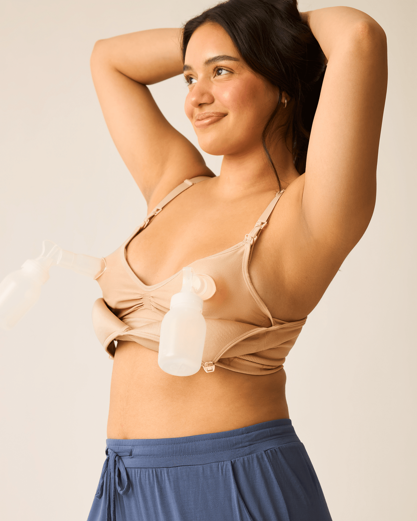 Kindred Bravely Signature Sublime® contour hands-free pumping and nursing bra in beige, showing the comfortable, supportive design.