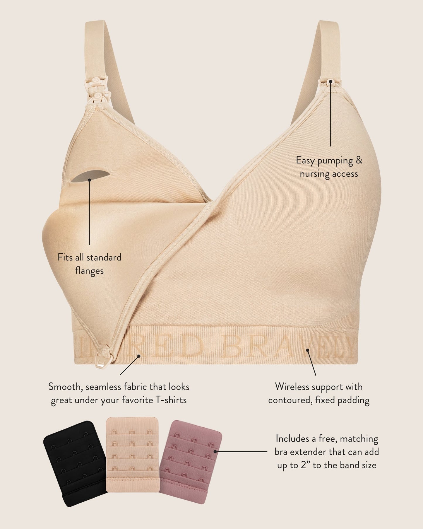 Kindred Bravely Signature Sublime® contour hands-free pumping and nursing bra in beige, showcasing its comfortable design and support.