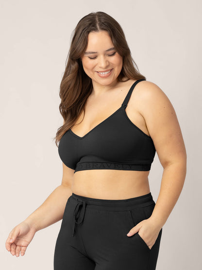Black Signature Sublime® Contour Hands-Free Pumping and Nursing Bra by Kindred Bravely, shown on a model with a comfortable fit.