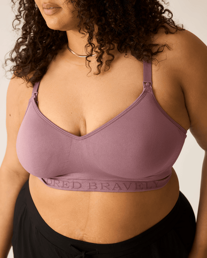 Kindred Bravely Signature Sublime Contour Hands-Free Pumping and Nursing Bra in Twilight, showing adjustable straps and soft fabric.