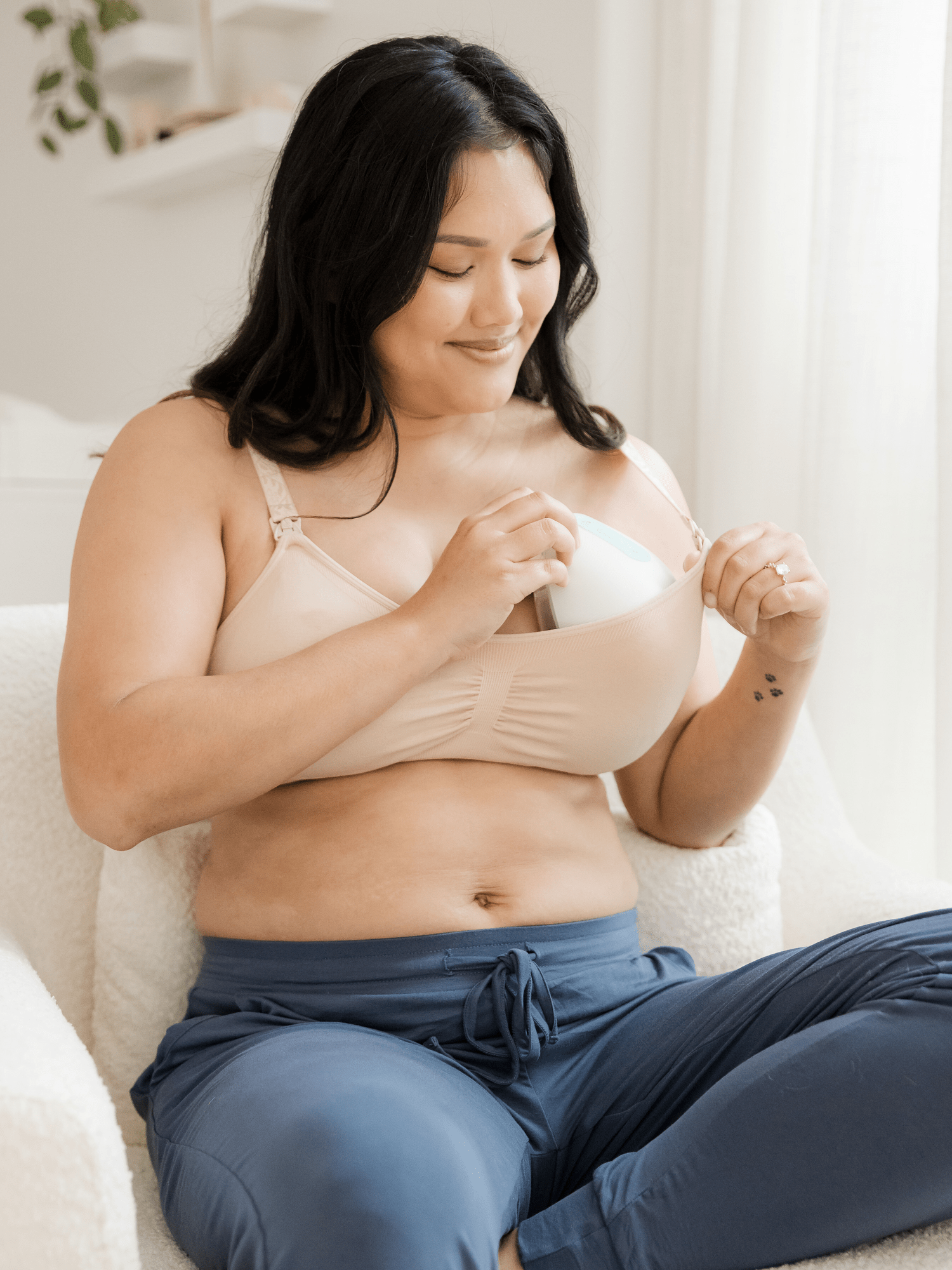 Beige Simply Sublime® nursing bra by Kindred Bravely with adjustable straps and soft fabric for comfortable breastfeeding support.
