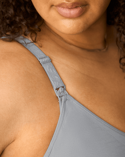 Grey Simply Sublime® nursing bra by Kindred Bravely with adjustable straps and soft fabric, designed for comfortable breastfeeding.