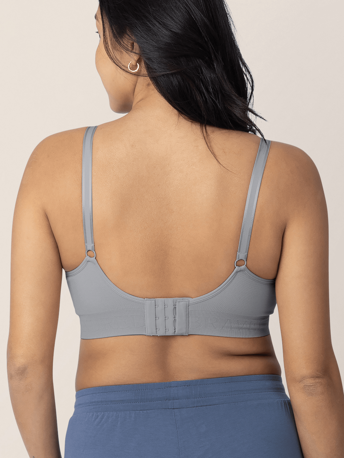 Gray Simply Sublime® nursing bra by Kindred Bravely with adjustable straps and supportive design, shown on a model.