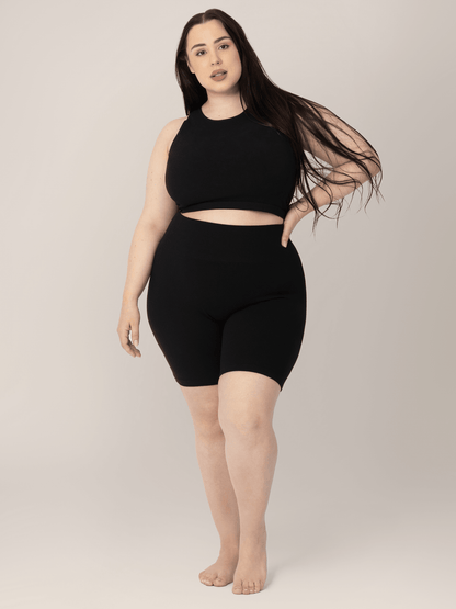 Black Sublime® Bamboo Maternity and Postpartum Bike Shorts by Kindred Bravely, featuring a comfortable, stretchy waistband.