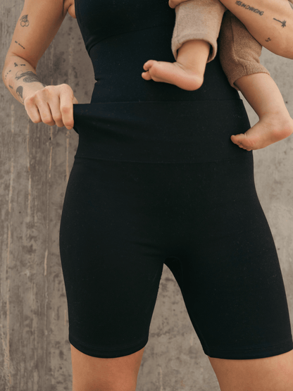 Black Sublime® Bamboo Maternity and Postpartum Bike Shorts by Kindred Bravely, featuring comfortable stretch fabric and a fitted design.
