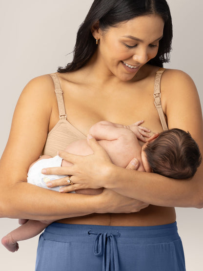 Beige Sublime® Hands-Free Pumping and Nursing Bra by Kindred Bravely, showing soft fabric and supportive design for breastfeeding.