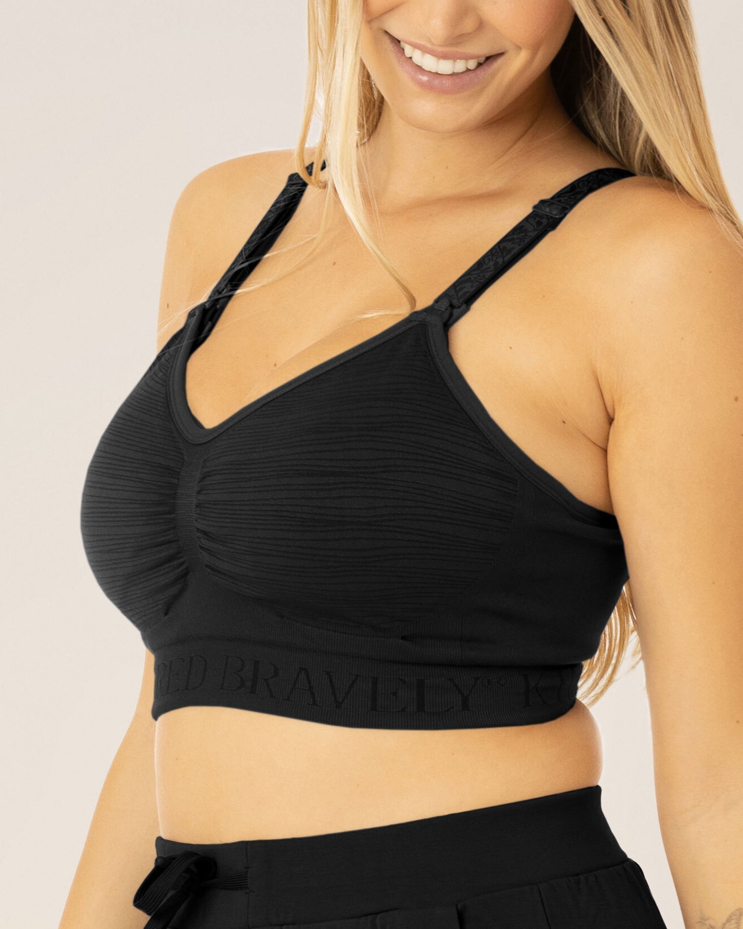 Black Sublime® Hands-Free Pumping and Nursing Bra by Kindred Bravely, showing the comfortable, supportive design for breastfeeding.