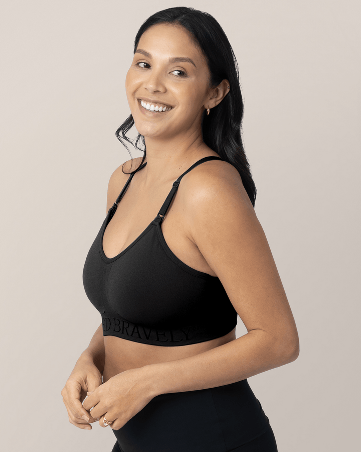 Black Sublime® Hands-Free Pumping and Nursing Sports Bra by Kindred Bravely, showing the supportive, comfortable design for breastfeeding.